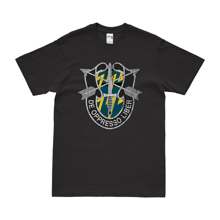 12th SFG (A) De Oppresso Liber Emblem T-Shirt Tactically Acquired Black Distressed Small