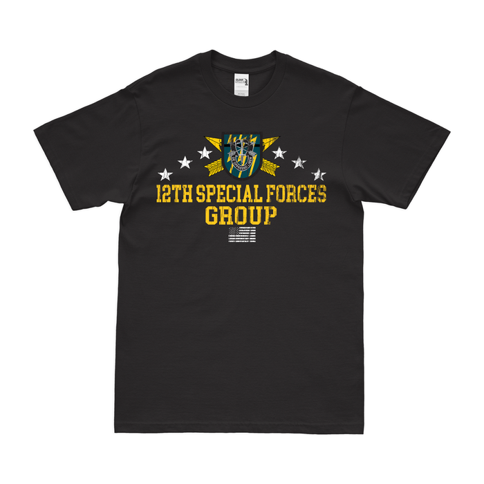 Patriotic 12th Special Forces Group (12th SFG) T-Shirt Tactically Acquired Black Distressed Small