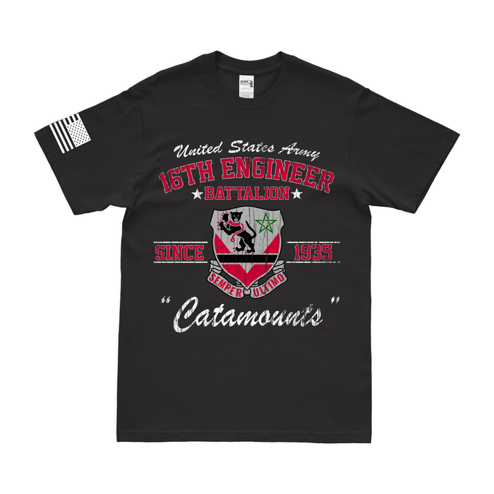 16th Engineer Battalion "Catamounts" Since 1935 Legacy T-Shirt Tactically Acquired Black Distressed Small