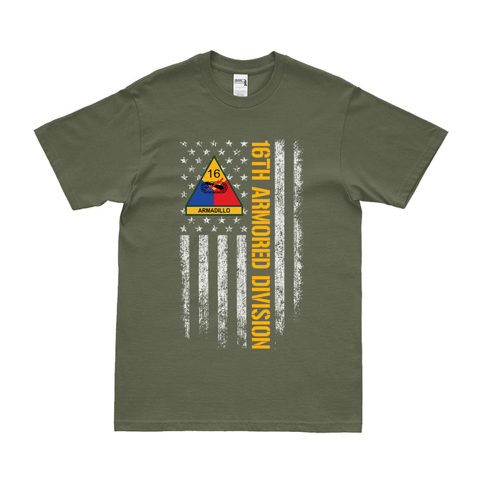 16th Armored Division (16th AD) American Flag T-Shirt Tactically Acquired Small Military Green 