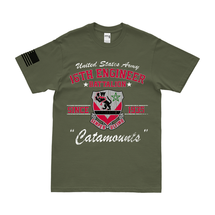 16th Engineer Battalion "Catamounts" Since 1935 Legacy T-Shirt Tactically Acquired Military Green Distressed Small