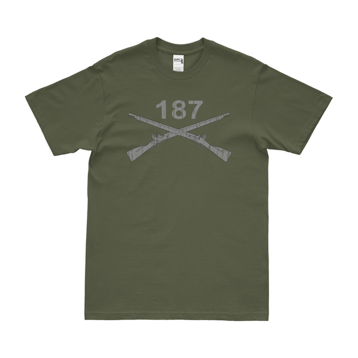 187th Infantry Regiment Crossed Rifles T-Shirt Tactically Acquired Military Green Distressed Small