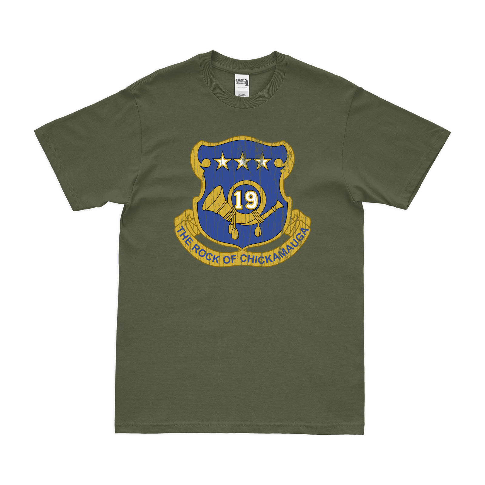 U.S. Army 19th Infantry Regiment Unit Logo Emblem T-Shirt Tactically Acquired Military Green Distressed Small