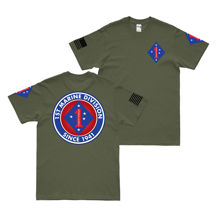 Double-Sided 1st Marine Division Since 1941 T-Shirt Tactically Acquired Military Green Small 