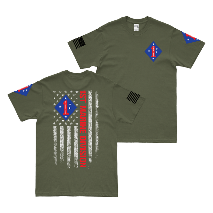 Double-Sided 1st Marine Division American Flag T-Shirt Tactically Acquired Military Green Small 