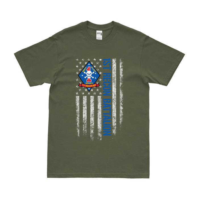 1st Recon Bn American Flag USMC T-Shirt Tactically Acquired Military Green Small 