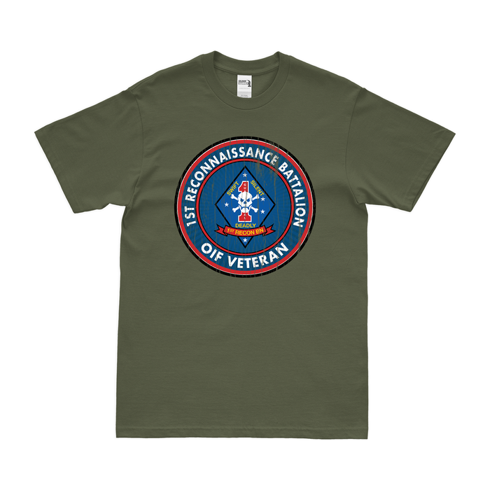 1st Recon Bn OIF Veteran T-Shirt Tactically Acquired Military Green Distressed Small