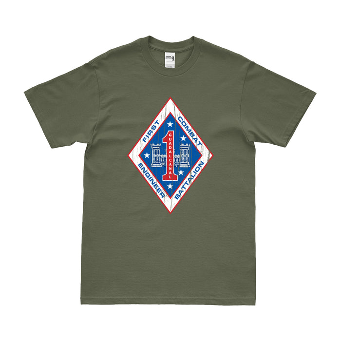 Distressed USMC 1st Combat Engineer Battalion (1st CEB) Logo T-Shirt Tactically Acquired Small Military Green 