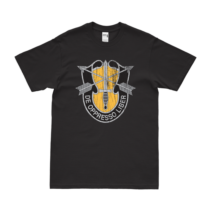 1st SFG (A) De Oppresso Liber Emblem T-Shirt Tactically Acquired Black Distressed Small