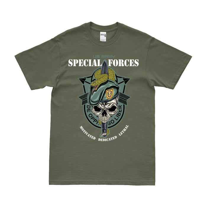 1st Special Forces Group (1st SFG) Snake Eaters Skull T-Shirt Tactically Acquired Small Military Green 