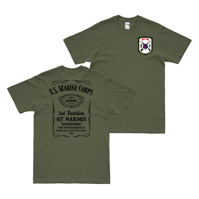 Double-Sided 2/1 Marines Whiskey Label T-Shirt Tactically Acquired Military Green Small 
