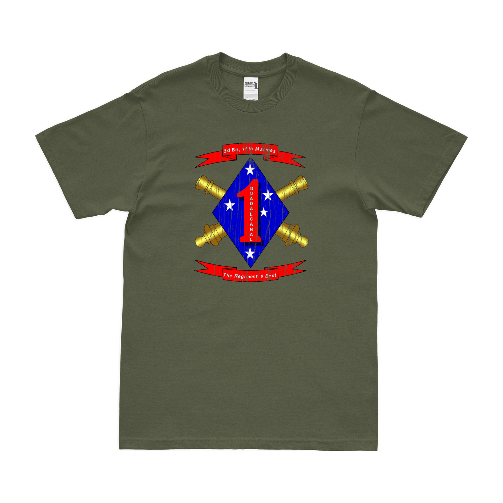 2nd Bn 11th Marines (2/11 Marines) Unit Logo T-Shirt Tactically Acquired Military Green Distressed Small