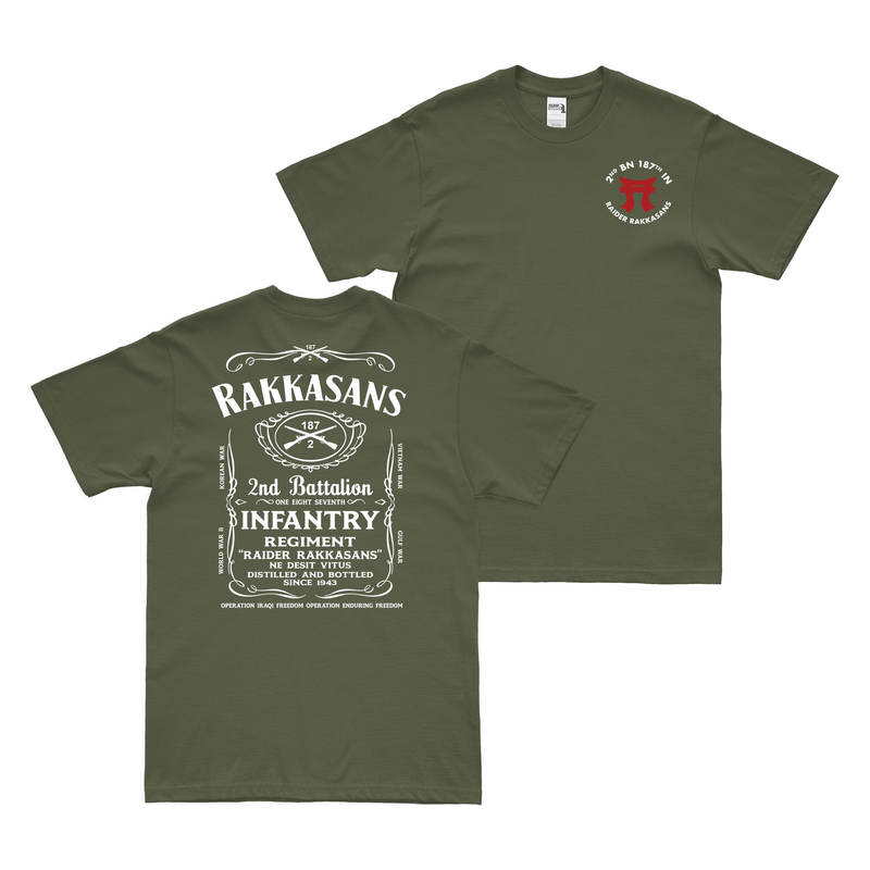 Double-Sided 2-187 Infantry Rakkasans Whiskey Label T-Shirt