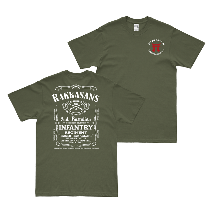 Double-Sided 2-187 Infantry Rakkasans Whiskey Label T-Shirt Tactically Acquired Military Green Small 