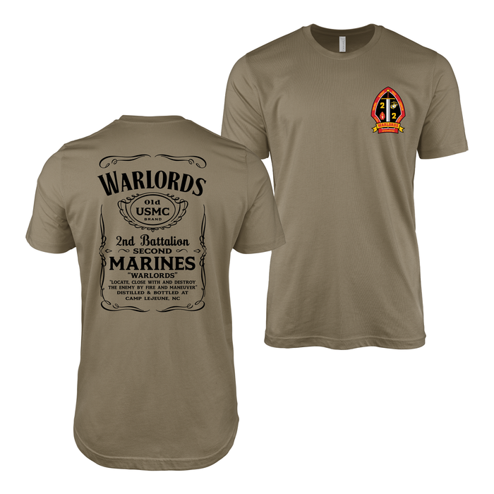 Double-Sided 2/2 Marines "Warlords" Whiskey Label T-Shirt Tactically Acquired Coyote Brown Small 