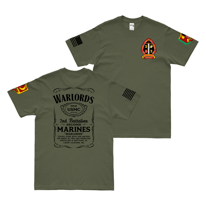 Double-Sided 2/2 Marines "Warlords" Whiskey Label T-Shirt Tactically Acquired Military Green Small 