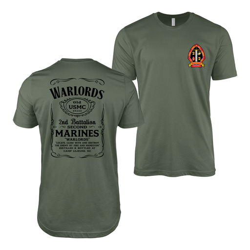 Double-Sided 2/2 Marines "Warlords" Whiskey Label T-Shirt Tactically Acquired Military Green Small 