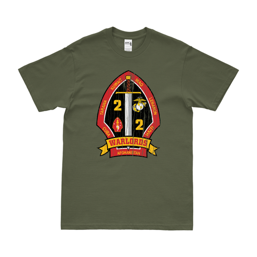 Distressed 2nd Bn 2nd Marines (2/2 Marines) 'Warlords' Logo T-Shirt Tactically Acquired Small Military Green 