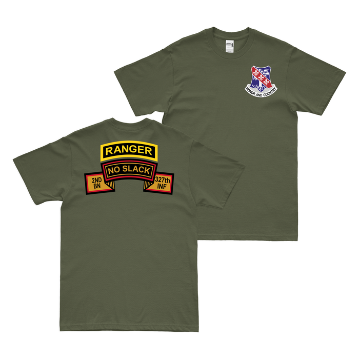 Double-Sided 2-327 Infantry Regiment 'No Slack' Ranger Tab T-Shirt Tactically Acquired Military Green Small 