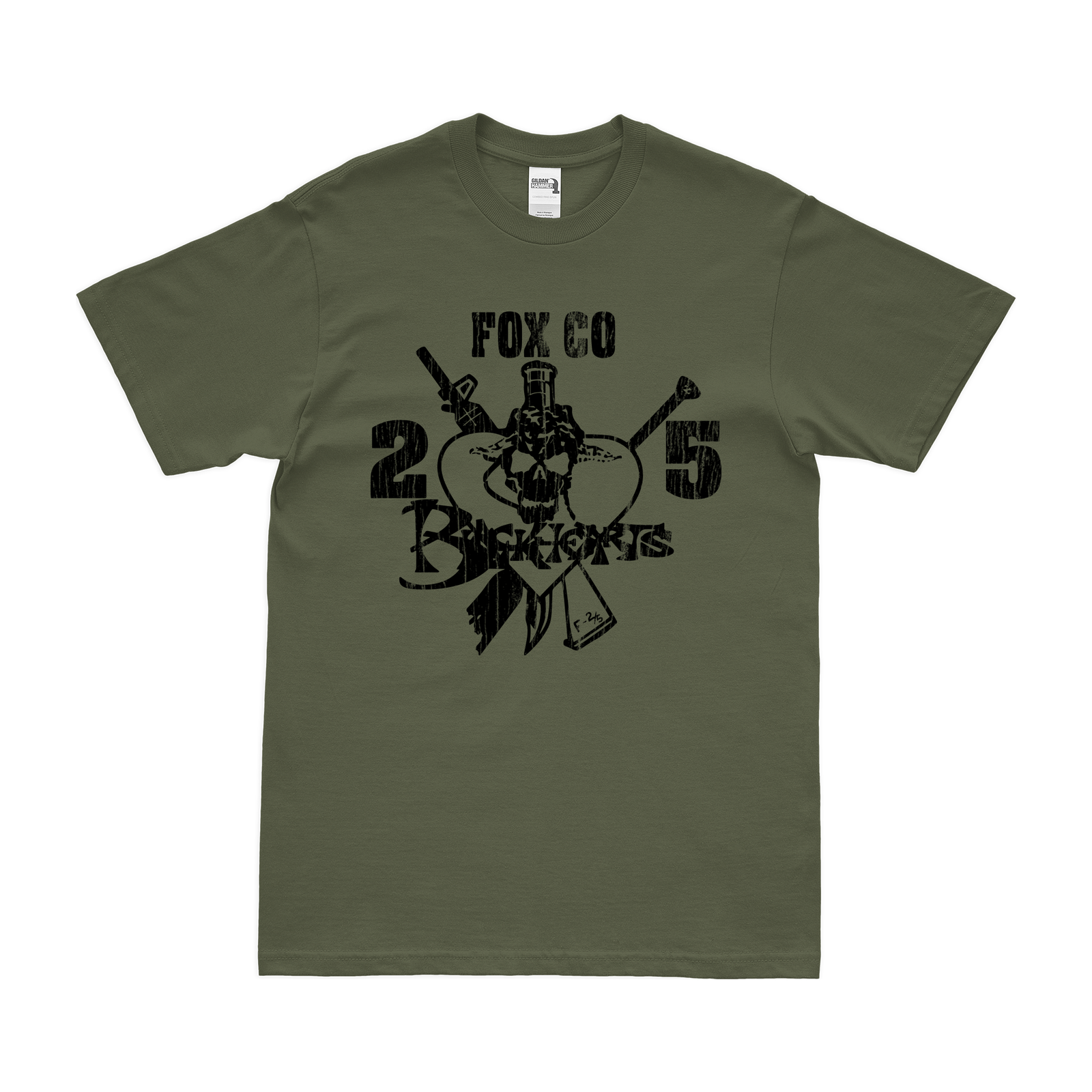 Fox Company 'Blackhearts' 2/5 Marines T-Shirt Tactically Acquired Military Green Distressed Small