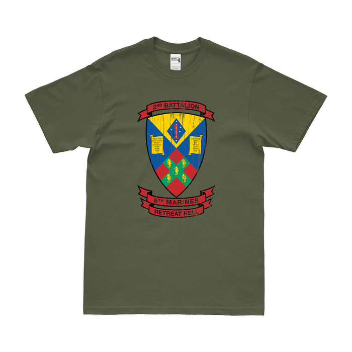 2nd Bn 5th Marines (2/5 Marines) T-Shirt Tactically Acquired Military Green Distressed Small