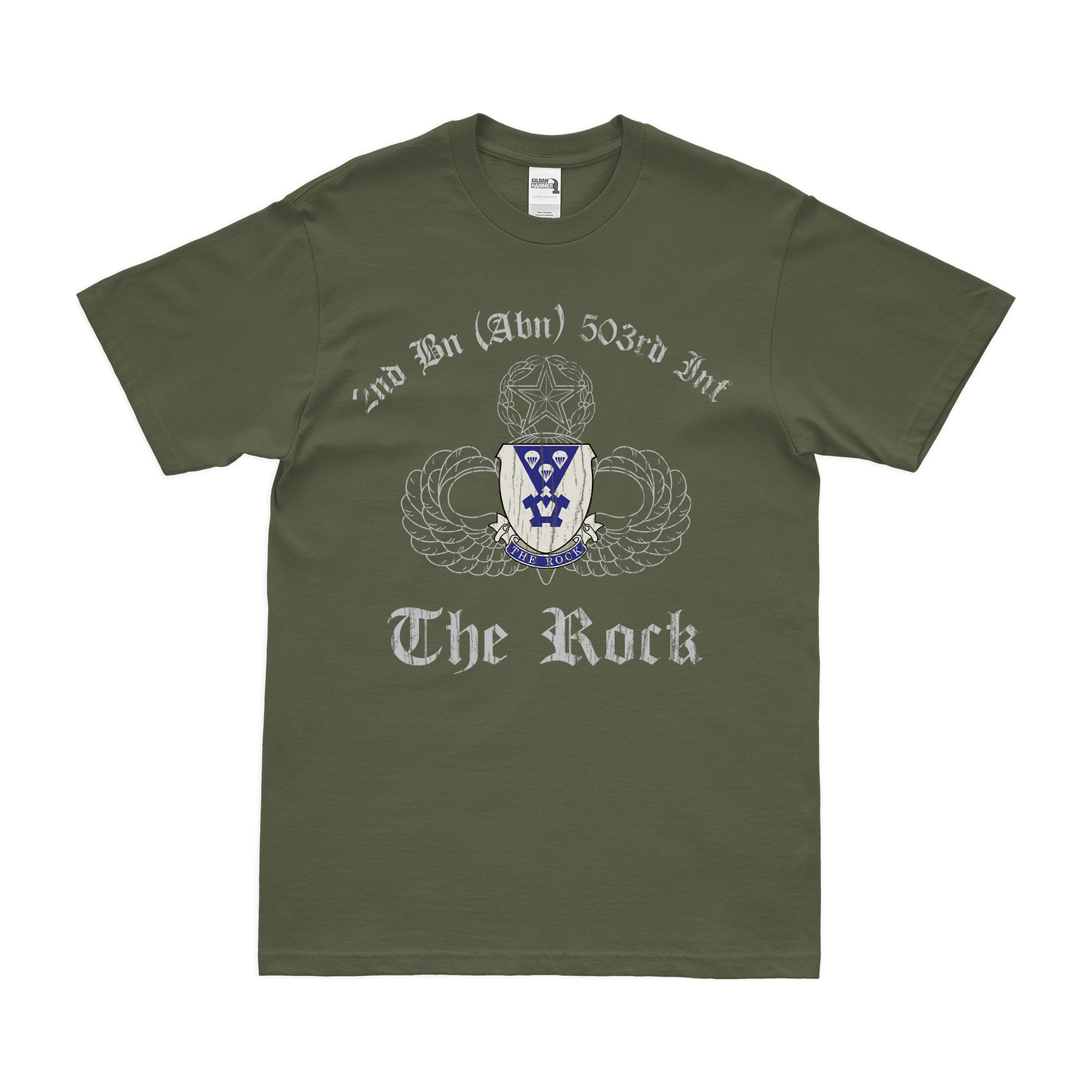 2-503rd Airborne Infantry "The Rock" T-Shirt Tactically Acquired Military Green Distressed Small