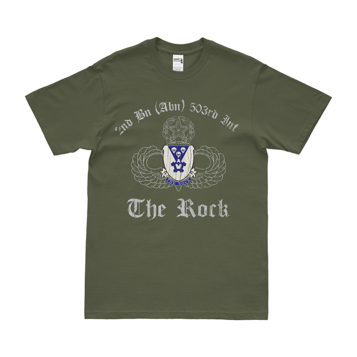 2-503rd Airborne Infantry "The Rock" T-Shirt Tactically Acquired Military Green Distressed Small