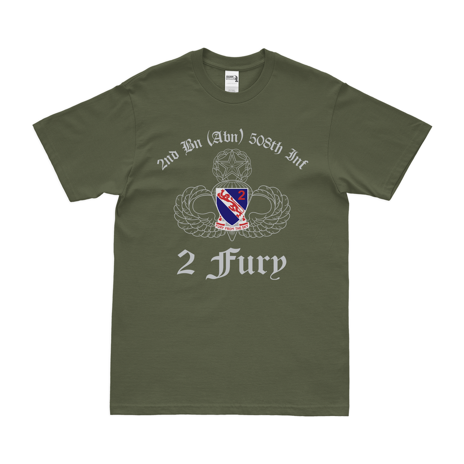2-508 PIR '2 Fury' Airborne Wings T-Shirt Tactically Acquired Military Green Clean Small