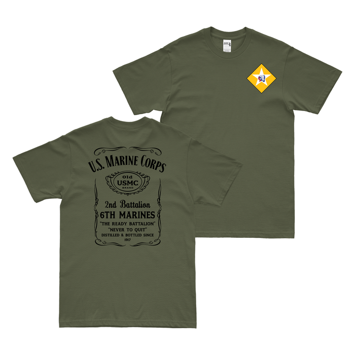 Double-Sided 2/6 Marines Whiskey Label T-Shirt Tactically Acquired Military Green Small 