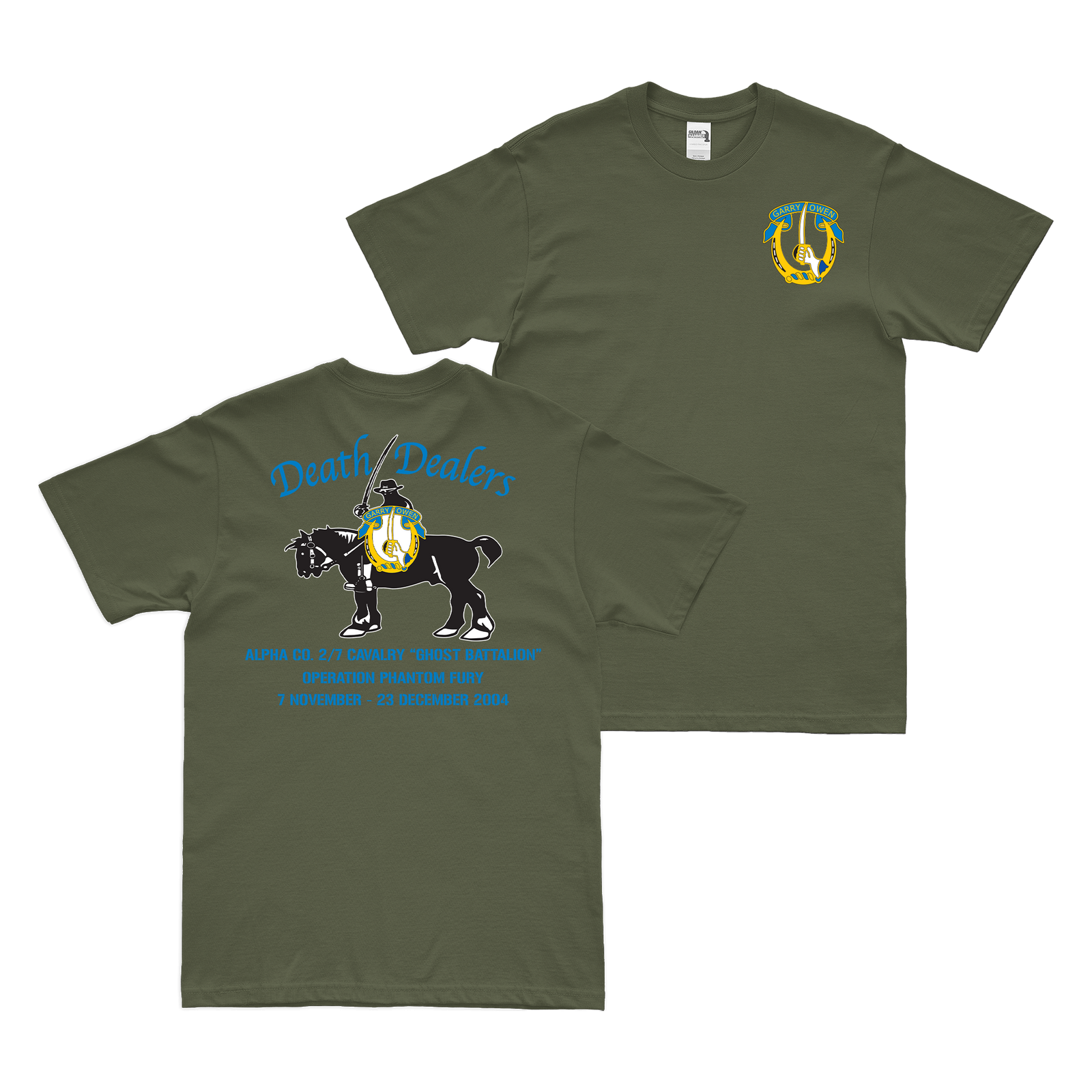 Alpha Co. 2-7 CAV Phantom Fury Death Dealers T-Shirt Tactically Acquired Military Green Small 