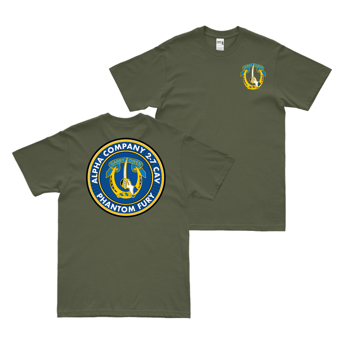 Alpha Co. 2-7 Cavalry Phantom Fury OIF Emblem T-Shirt Tactically Acquired Military Green Small 