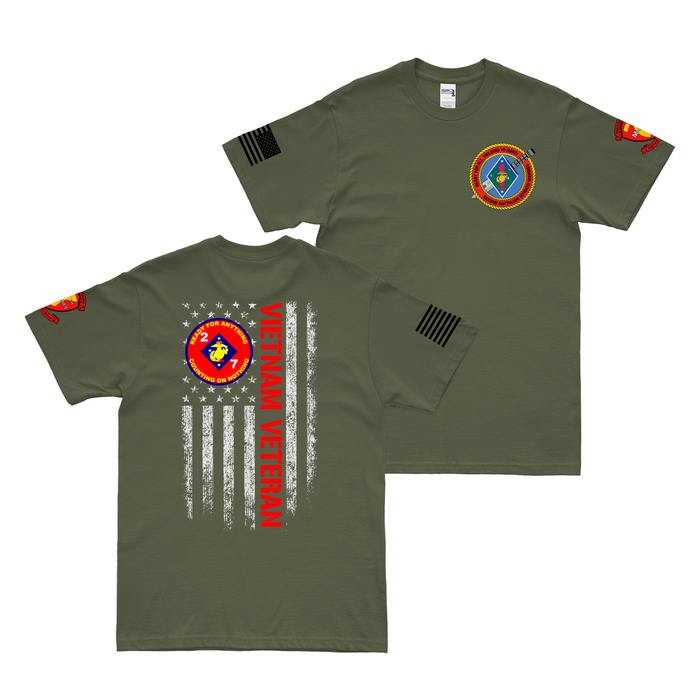 Double-Sided 2/7 Marines Vietnam Veteran American Flag T-Shirt Tactically Acquired Military Green Small 