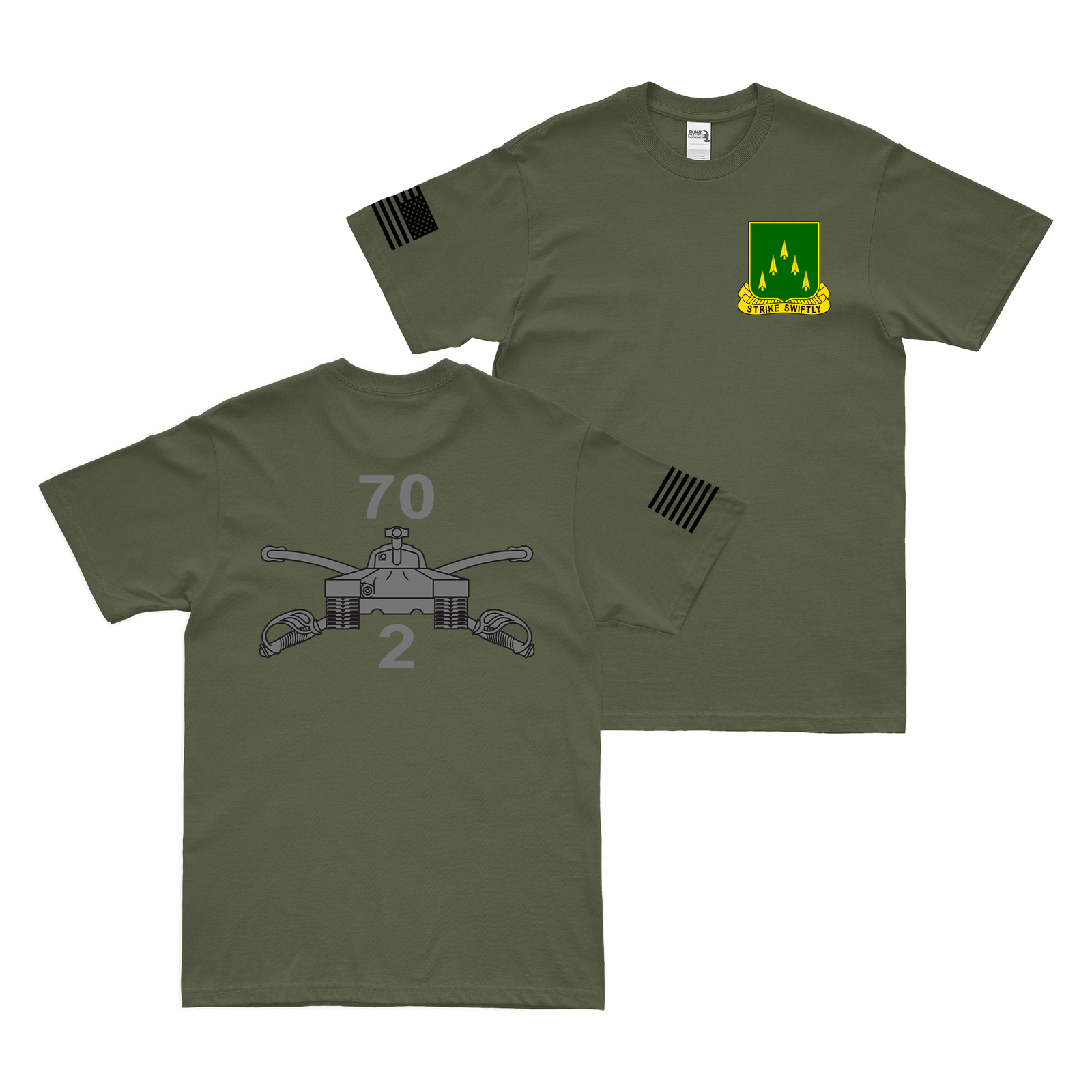 Double-Sided 2-70 Armor Regiment (2-70AR) T-Shirt Tactically Acquired Military Green Small 