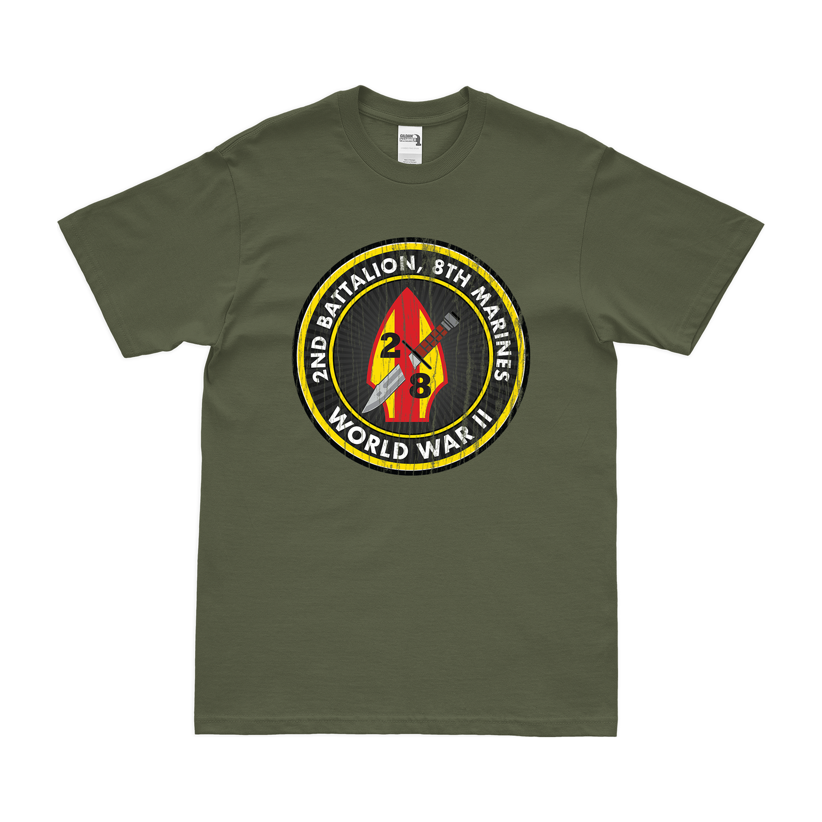 2/8 Marines World War II Legacy Veteran T-Shirt Tactically Acquired Military Green Distressed Small
