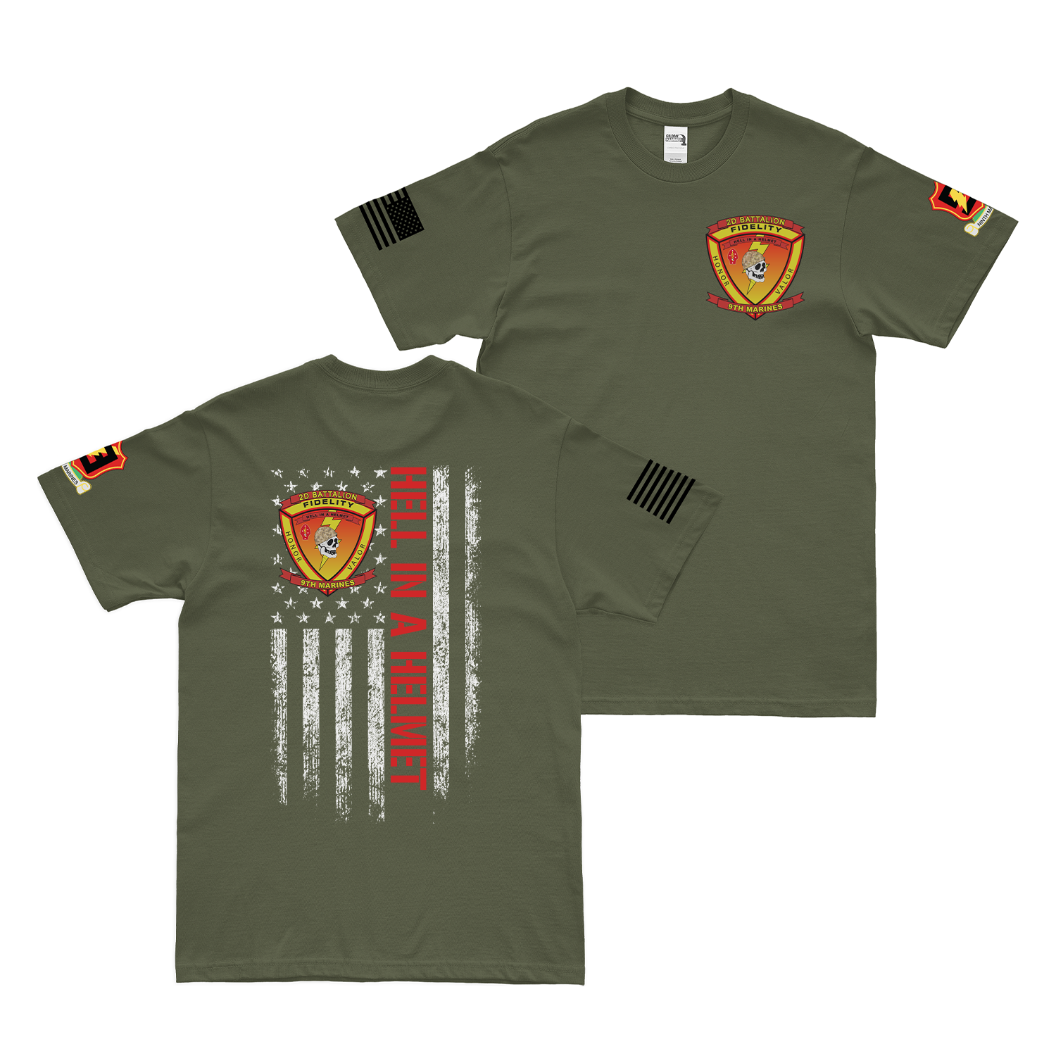 Double-Sided 2/9 Marines 'Hell in a Helmet' American Flag T-Shirt Tactically Acquired Military Green Small 