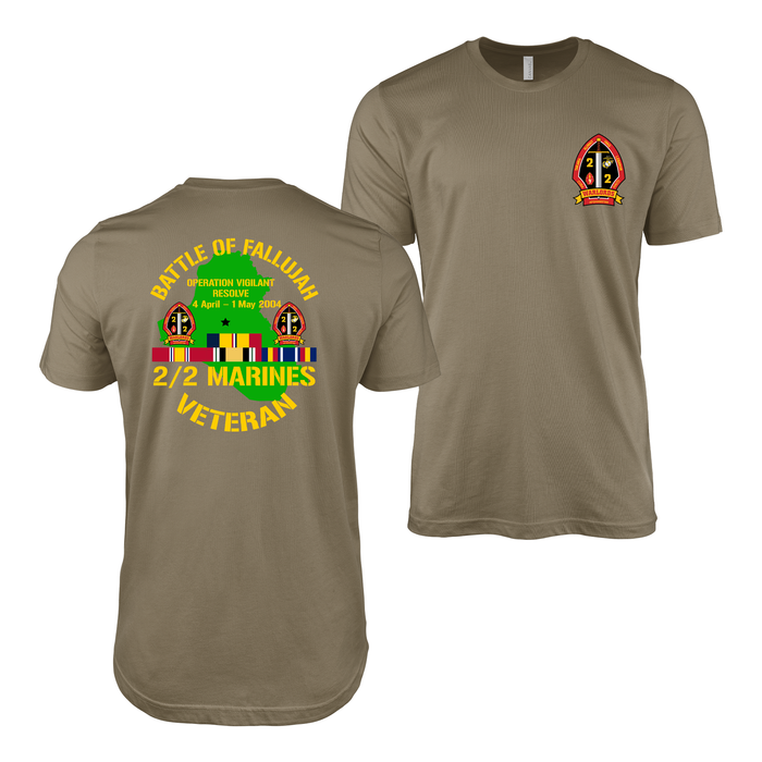 Double-Sided 2/2 Marines First Battle of Fallujah Veteran T-Shirt Tactically Acquired Coyote Brown Small 