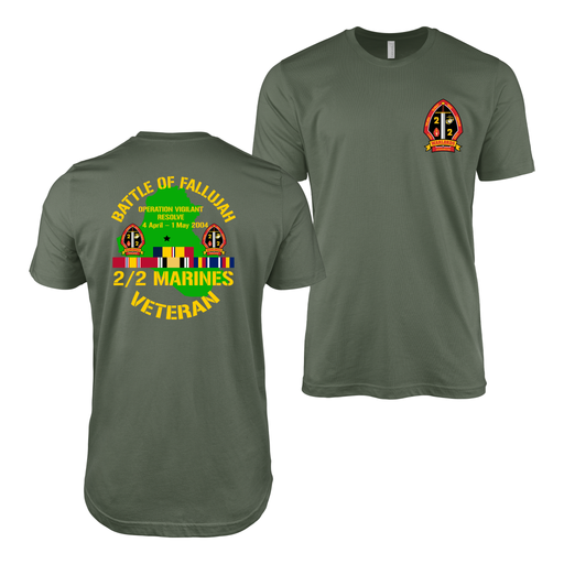 Double-Sided 2/2 Marines First Battle of Fallujah Veteran T-Shirt Tactically Acquired Military Green Small 