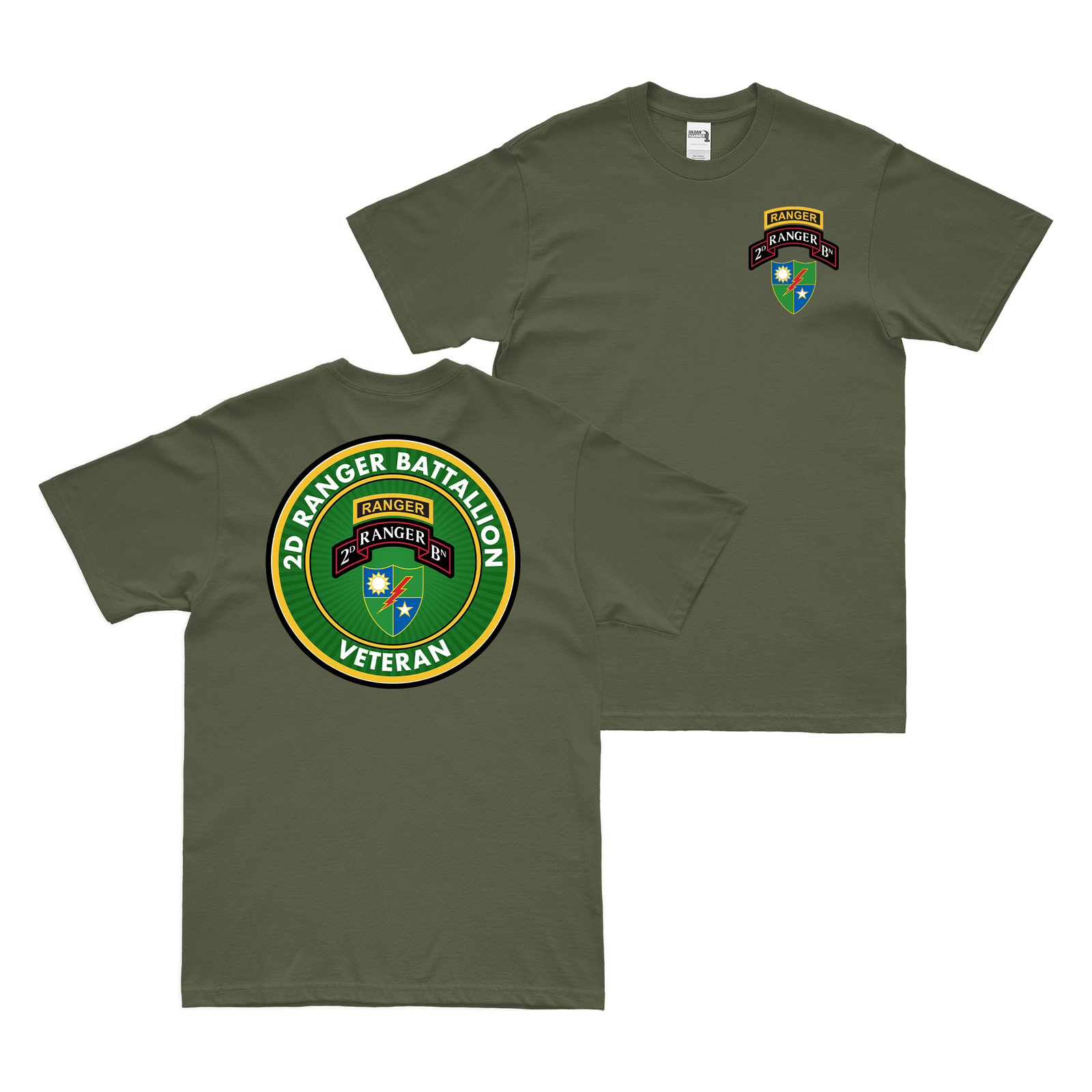Double-Sided 2nd Ranger Battalion Veteran T-Shirt Tactically Acquired Military Green Small 
