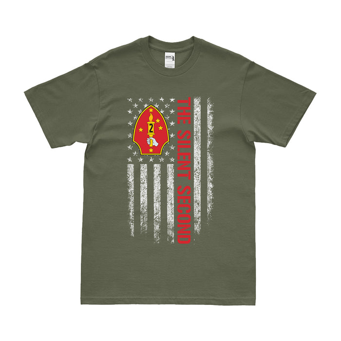 2nd Marine Division 'The Silent Second' American Flag T-Shirt Tactically Acquired Small Military Green 