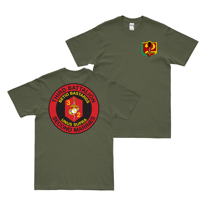Double-Sided 3-2 Marines 2nd Marine Regiment T-Shirt Tactically Acquired Military Green Small 