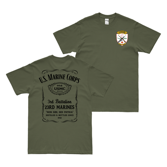 Double-Sided 3-23 Marines Whiskey Label T-Shirt Tactically Acquired Military Green Small 