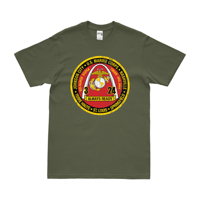 Distressed 3rd Bn 24th Marines (3/24 Marines) Logo T-Shirt Tactically Acquired Small Military Green 