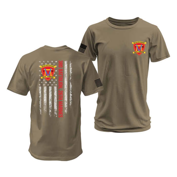 Double-Sided 3/26 Marines American Flag T-Shirt Tactically Acquired Coyote Brown Small 