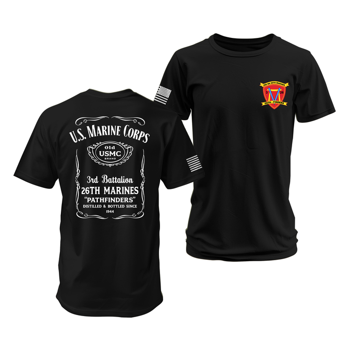 Double-Sided 3/26 Marines Whiskey Label T-Shirt Tactically Acquired Black Small 