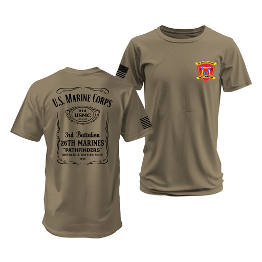 Double-Sided 3/26 Marines Whiskey Label T-Shirt Tactically Acquired Coyote Brown Small 