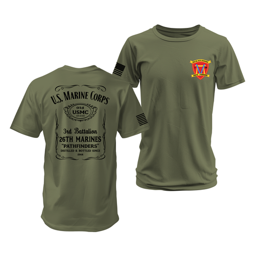 Double-Sided 3/26 Marines Whiskey Label T-Shirt Tactically Acquired Military Green Small 