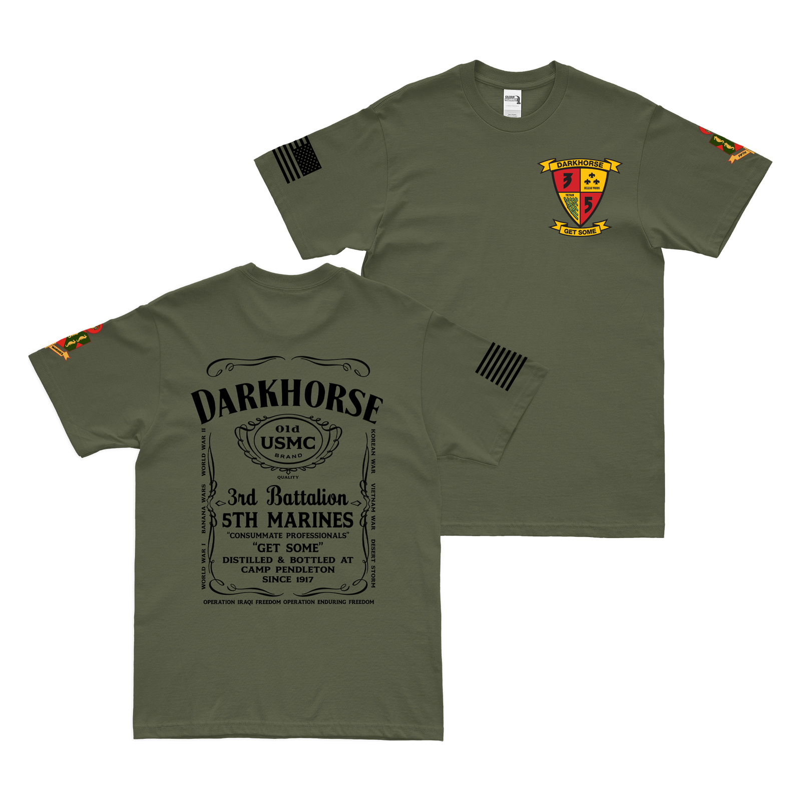 3/5 Marines "Darkhorse" Whiskey Label T-Shirt Tactically Acquired Military Green Small 