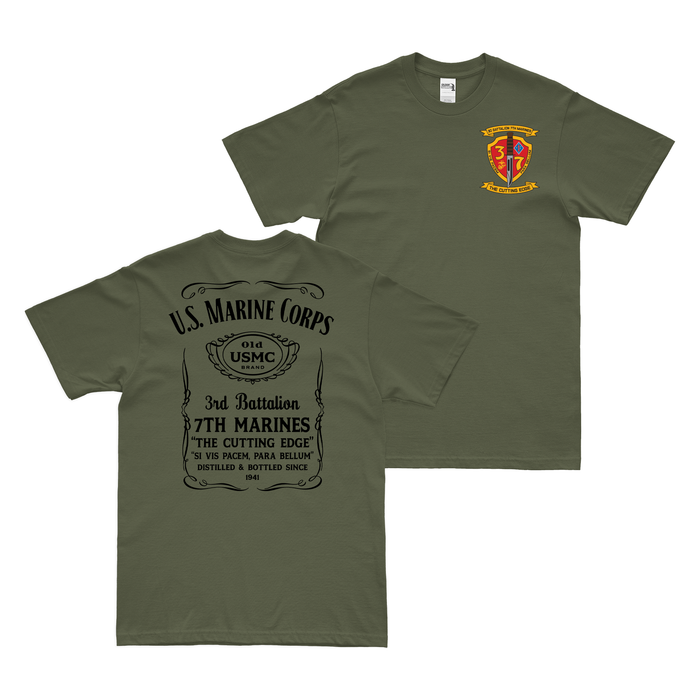 Double-Sided 3/7 Marines Whiskey Label T-Shirt Tactically Acquired Military Green Small 
