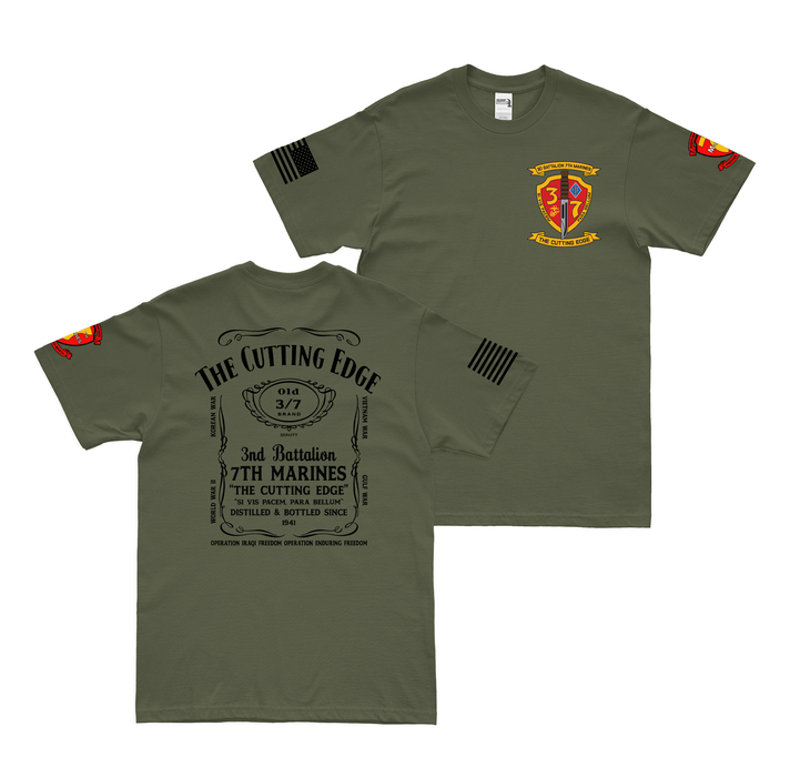 Double-Sided 3/7 Marines Whiskey Label T-Shirt Tactically Acquired Military Green Small 