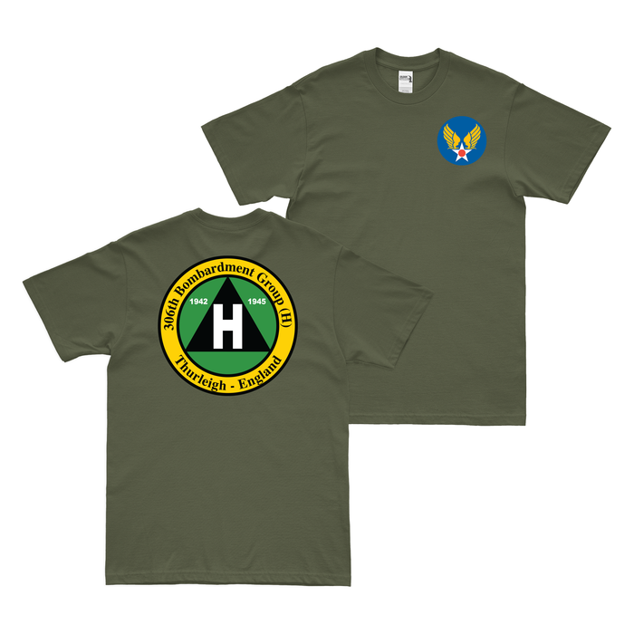 Double-Sided 306th Bombardment Group (H) WW2 T-Shirt Tactically Acquired Military Green Small 